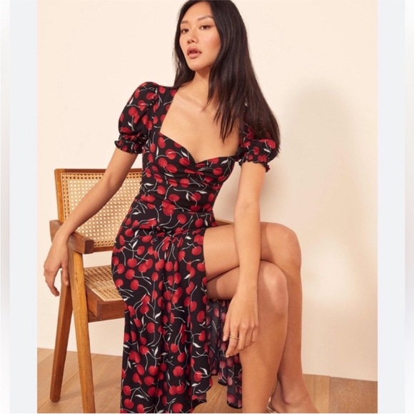 Reformation Lacey Black + Red Cherry Cherries Midi Dress Side Slit - Picture 2 of 9